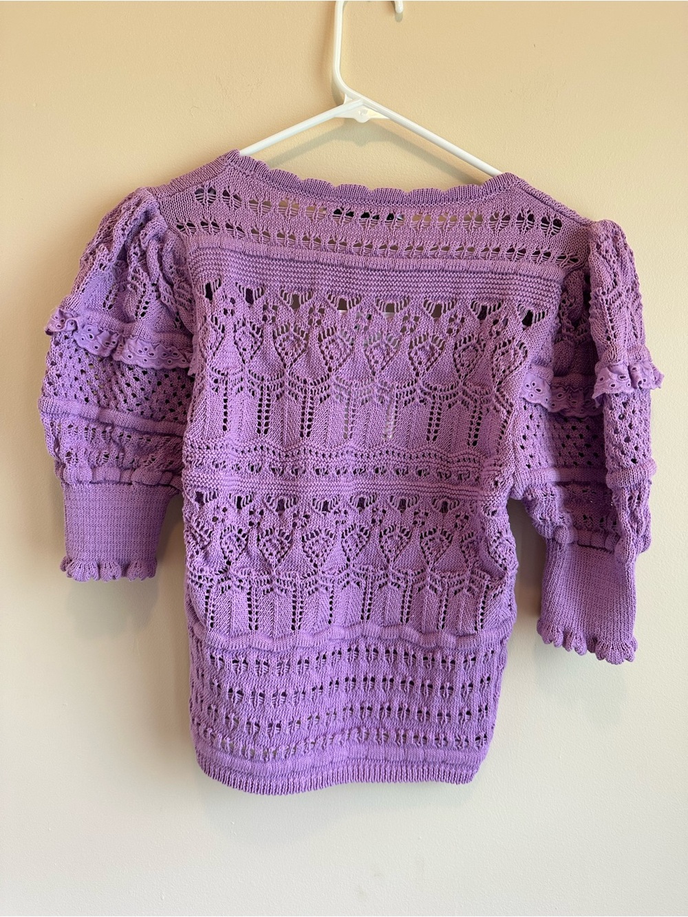 NWT Women’s M Zara Pointelle Knit Crochet Crop Sweater Purple Puff Sleeves - Picture 2 of 7